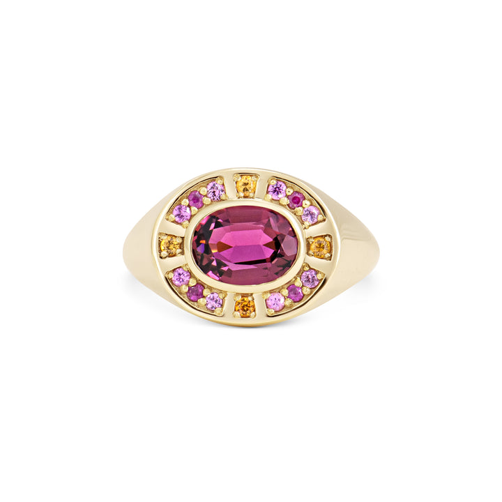 Sunray Halo Signet Ring - Pink Tourmaline with Sapphire Surround