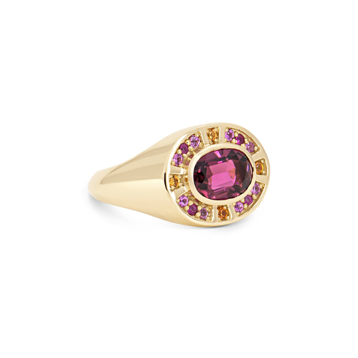 Sunray Halo Signet Ring - Pink Tourmaline with Sapphire Surround