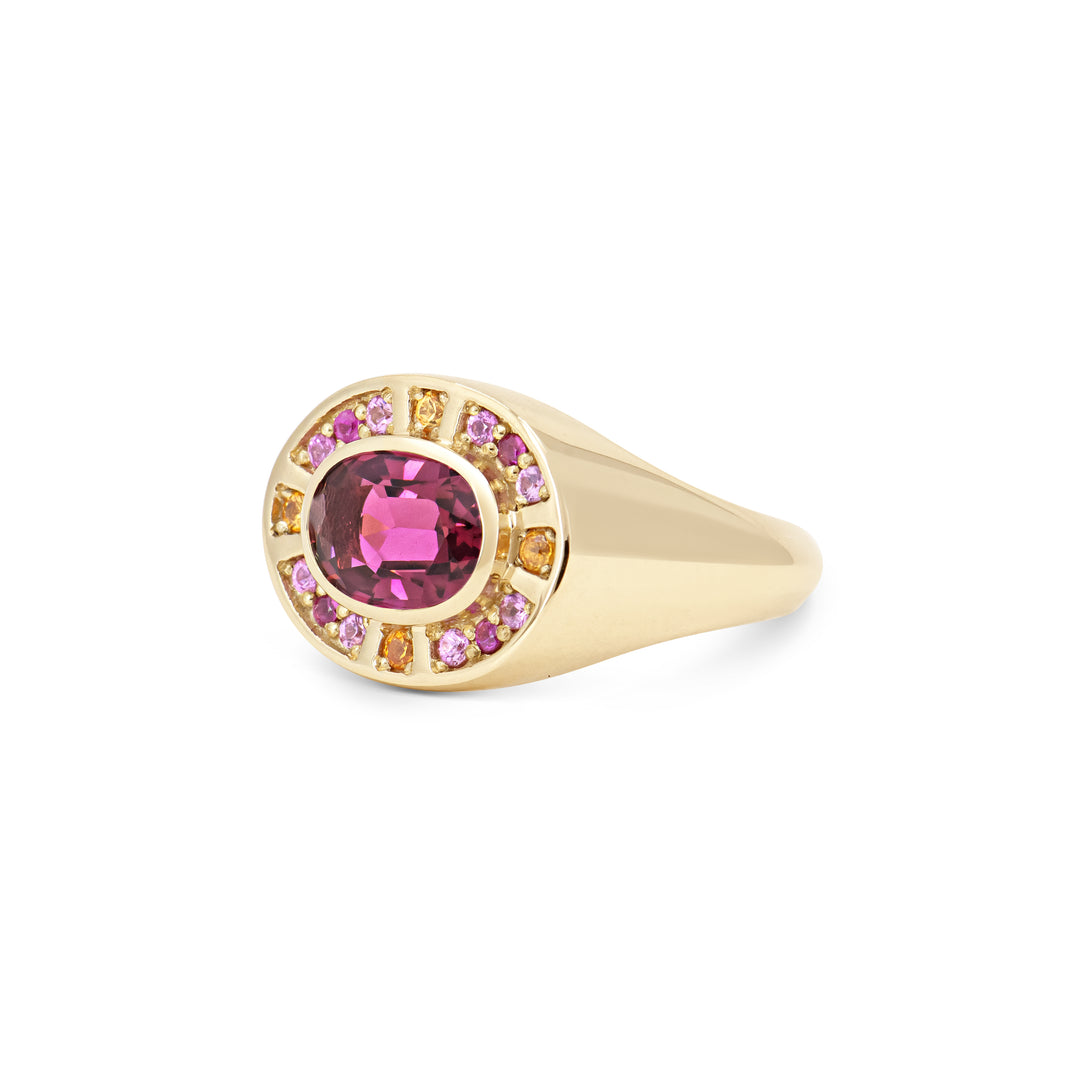 Sunray Halo Signet Ring - Pink Tourmaline with Sapphire Surround