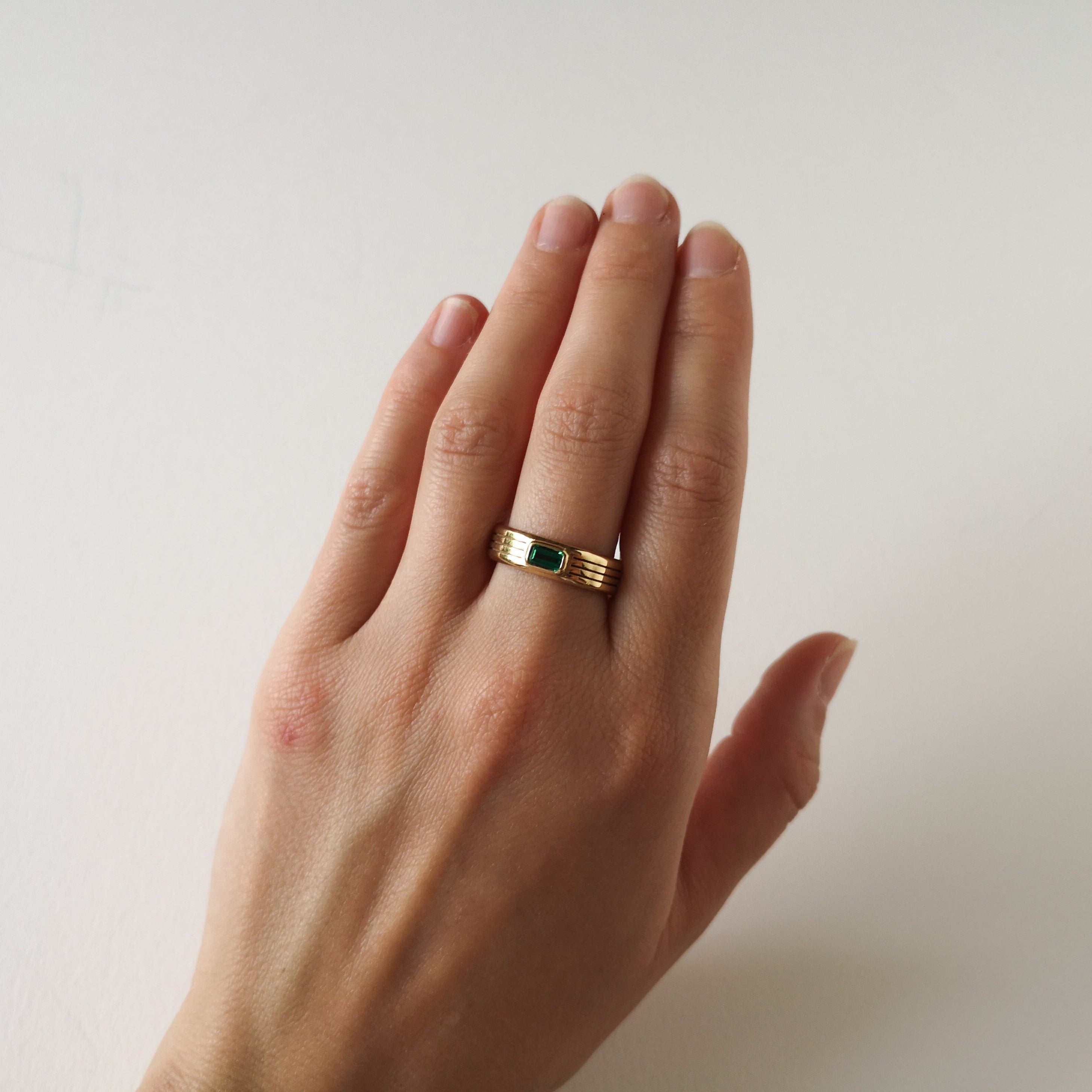 Tri Grooved Ring with Emerald Cut Stone